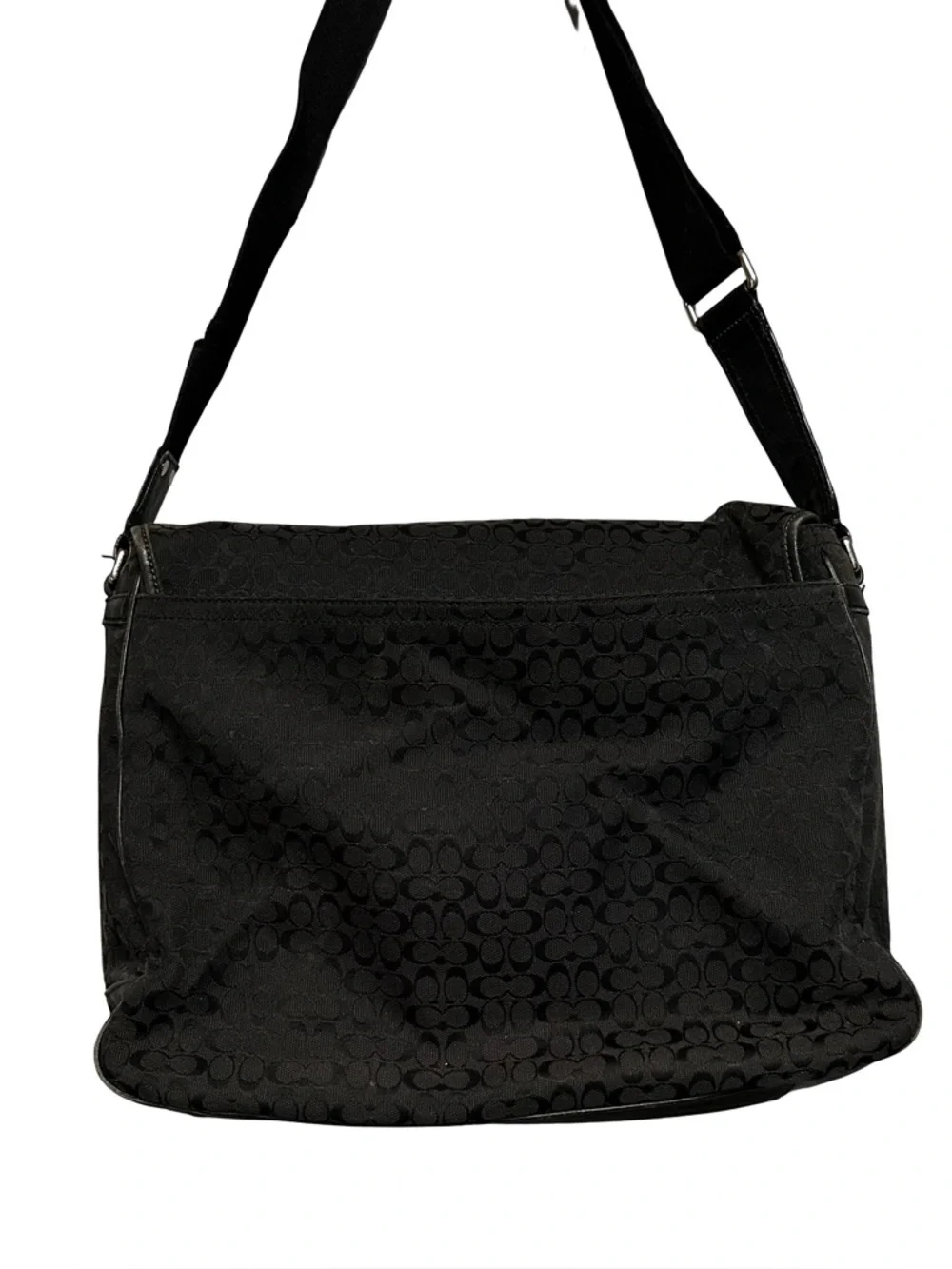 COACH Black Jacquard Messenger Bag Laptop Canvas Leather Trim Saddle Signature